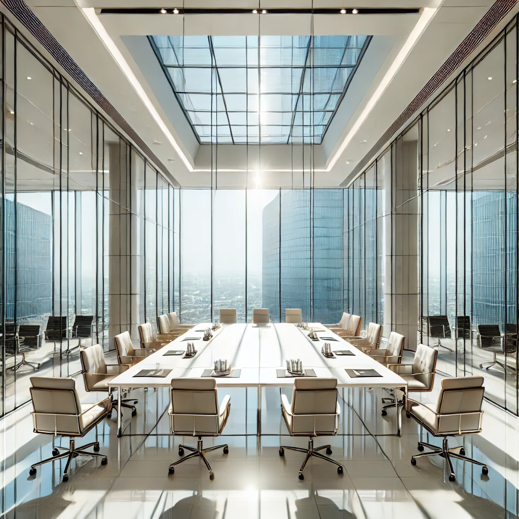 DALL·E 2024-11-10 02.03.22 - An illustration of a مجلس إدارة, a formal boardroom setup in a spacious, modern glass-walled room. The room features a large rectangular table at the