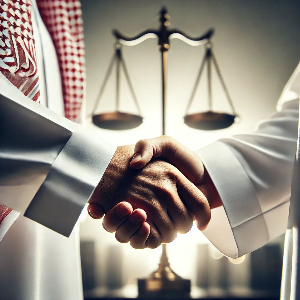 DALL·E 2024-11-10 02.27.40 - A realistic close-up image focusing on two hands shaking, symbolizing a business agreement or partnership. The individuals are wearing white Saudi tho