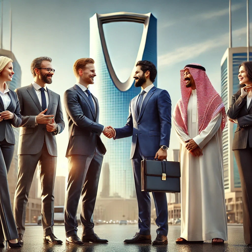 DALL·E 2024-11-10 02.46.22 - A highly realistic photograph-style image of a diverse group of five Saudi business professionals gathered outdoors in Riyadh with the Faisaliya Tower
