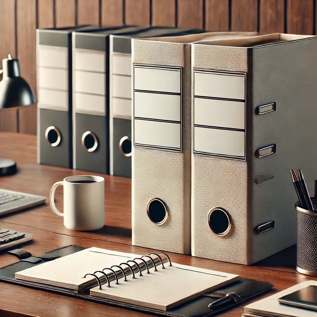 DALL·E 2024-11-10 02.55.34 - A realistic photograph-style image of a neat, organized office desk with two empty binders (without any labels or text) in Arabic style. The desk setu